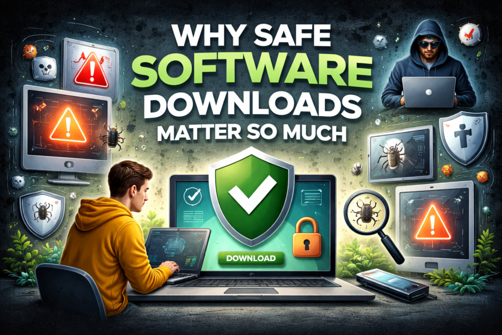 How to download software safely showing secure laptop with shield icon and warning signs of unsafe downloads
