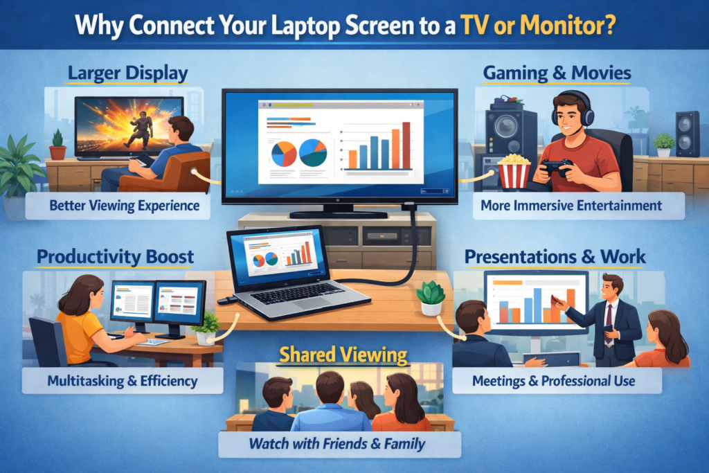 Laptop screen connected to a TV and external monitor using HDMI cable, showing mirrored display for work and entertainment.