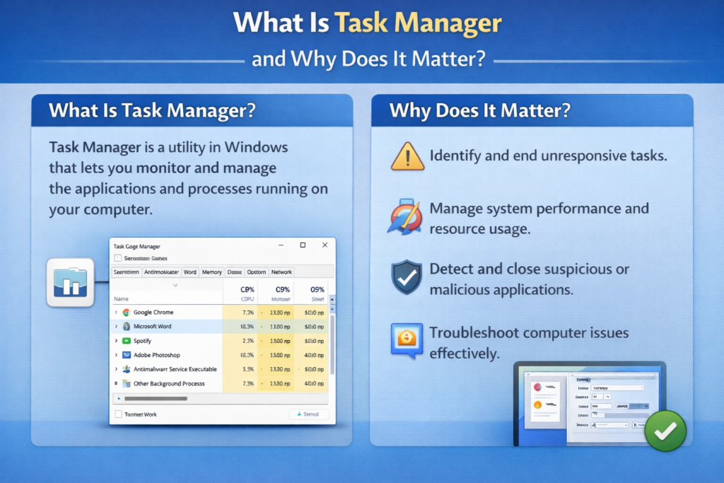 Infographic explaining Task Manager, showing what it is and why it is important, with sections about monitoring apps, ending unresponsive tasks, and improving system performance.