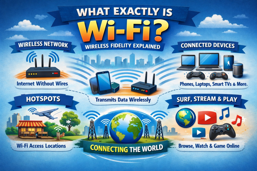 What Exactly Is Wi-Fi? An educational infographic showing how Wi-Fi works, including wireless router signals, connected devices like phones and laptops, hotspots, and internet activities such as streaming and gaming.