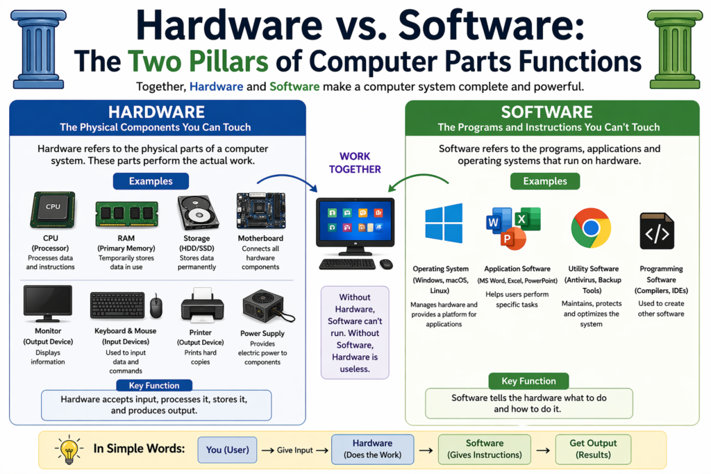 “Educational infographic comparing Hardware vs Software, showing physical components like CPU, RAM, and monitor on one side, and software like operating systems and applications on the other, explaining how both work together.”