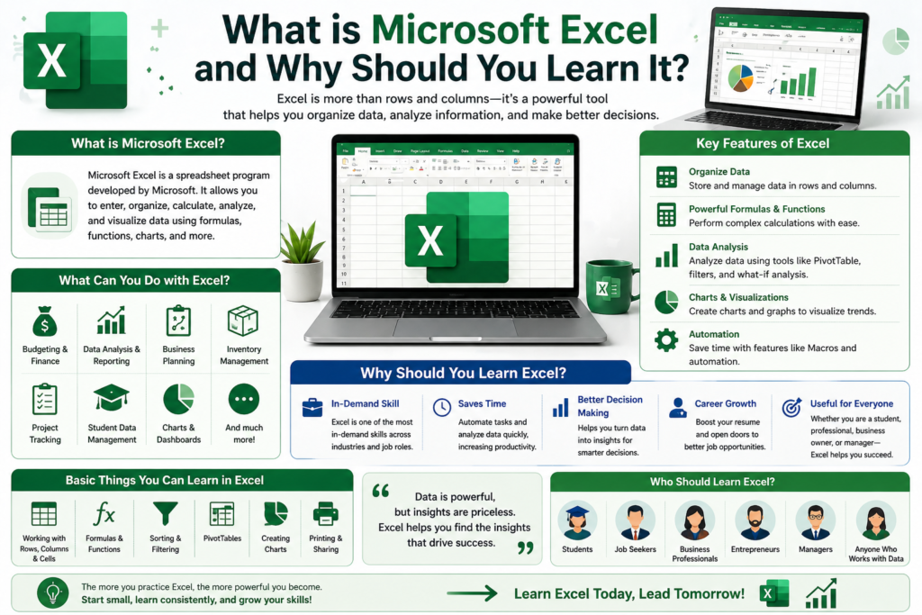 “Infographic explaining what Microsoft Excel is and why it is important to learn, including features like data analysis, formulas, and charts.”
