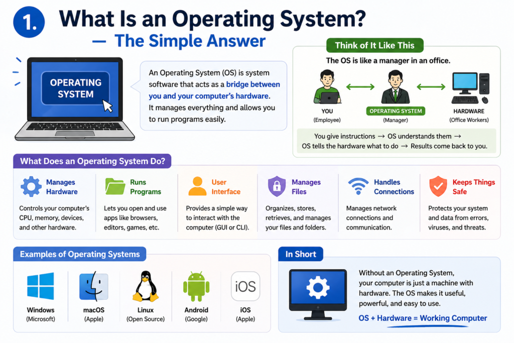 Infographic titled “What Is an Operating System? — The Simple Answer” explaining how an OS acts as a bridge between the user and computer hardware, with examples like Windows, macOS, Linux, Android, and iOS.