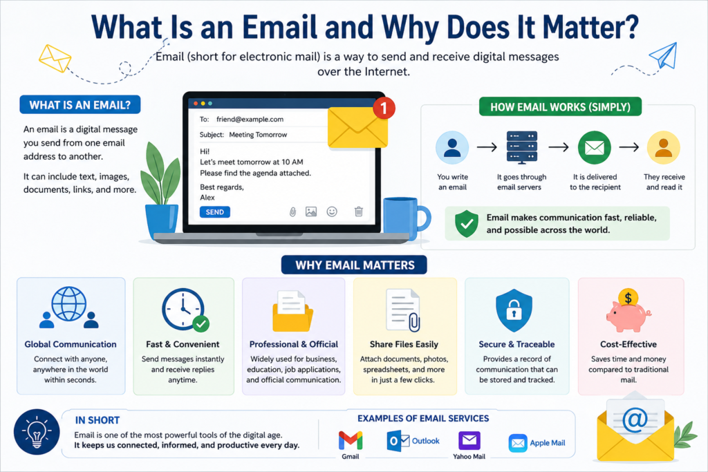 An infographic titled “What Is an Email and Why Does It Matter?” showing a laptop with an email message on screen, alongside sections explaining what email is, how it works (sending, servers, receiving), and key benefits like global communication, speed, file sharing, security, and cost-effectiveness.