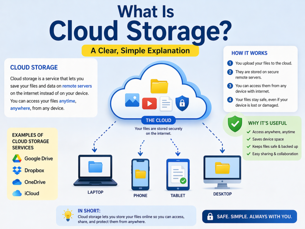 Ek clean infographic jisme cloud icon ke andar files aur media icons dikhaye gaye hain, aur arrows ke through laptop, phone aur desktop se connection bataya gaya hai, jo cloud storage ka concept explain karta hai.