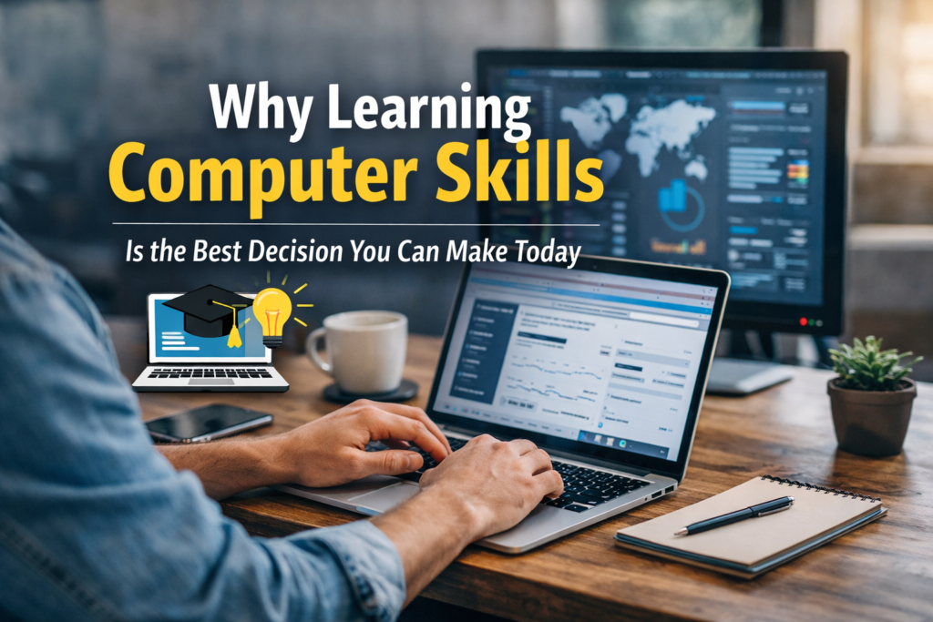 “Why learning computer skills is important – person using laptop for digital learning and work”