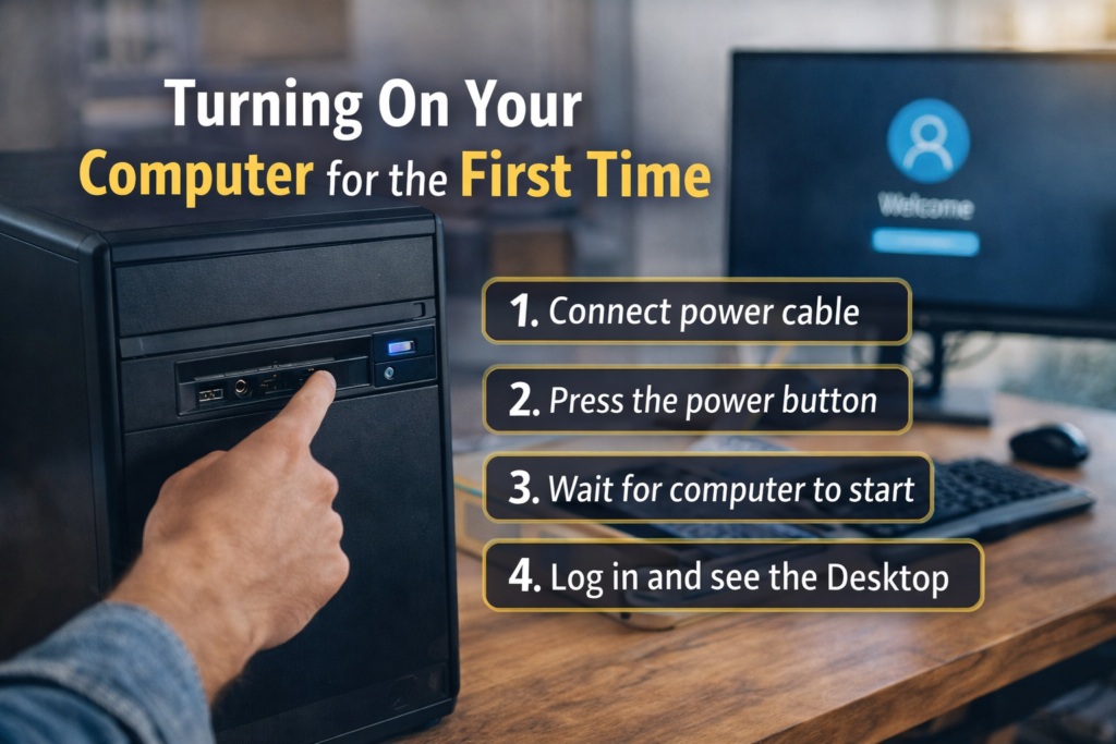 “Turning on a computer for the first time step by step – beginner guide with power button and desktop screen”