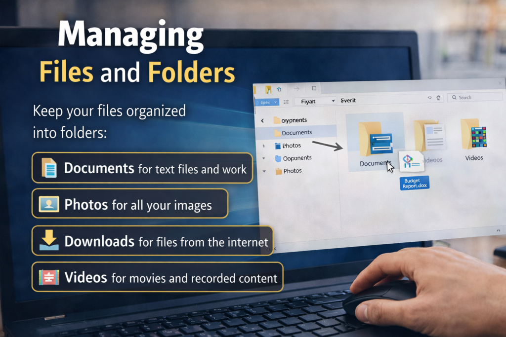 “Managing files and folders on computer – organizing documents photos downloads and videos for beginners”
