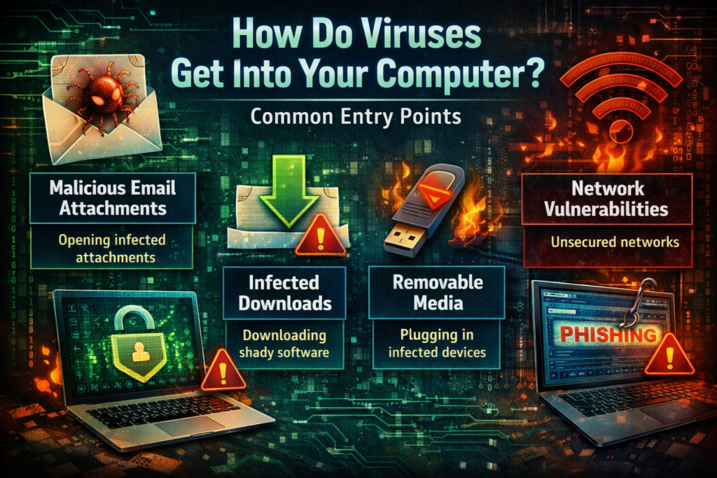 How viruses get into your computer infographic showing email attachments, infected downloads, USB devices, phishing attacks, and network vulnerabilities