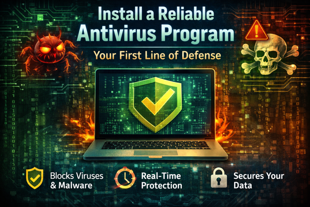 Install a reliable antivirus program infographic showing protected laptop with shield icon, malware threats, and cybersecurity protection features