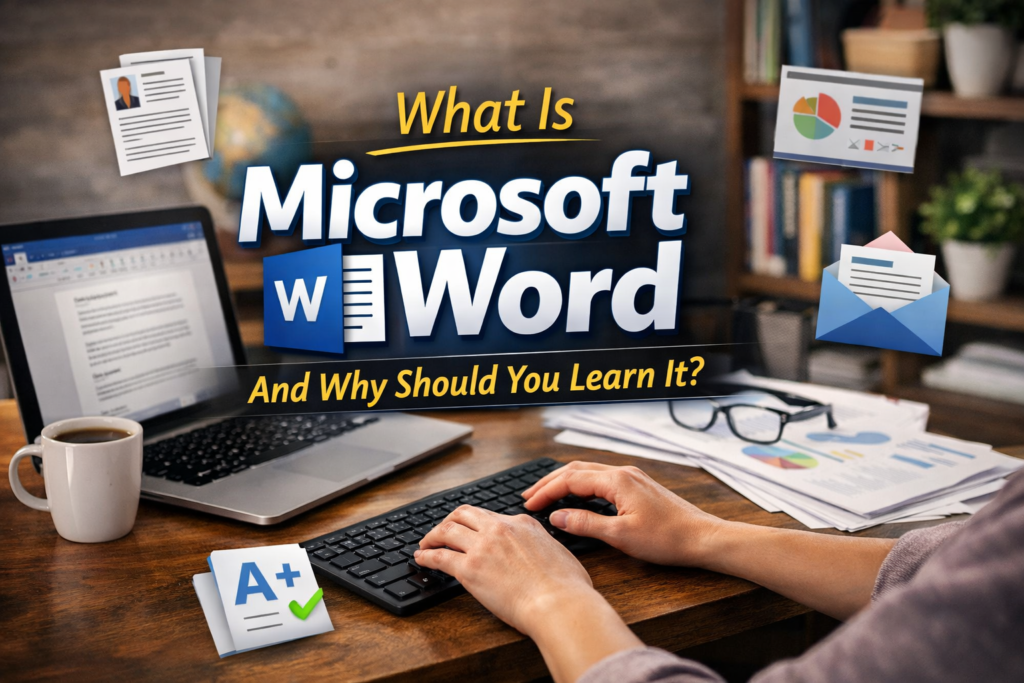 What is Microsoft Word and why should you learn it, beginner working on computer with documents and charts
