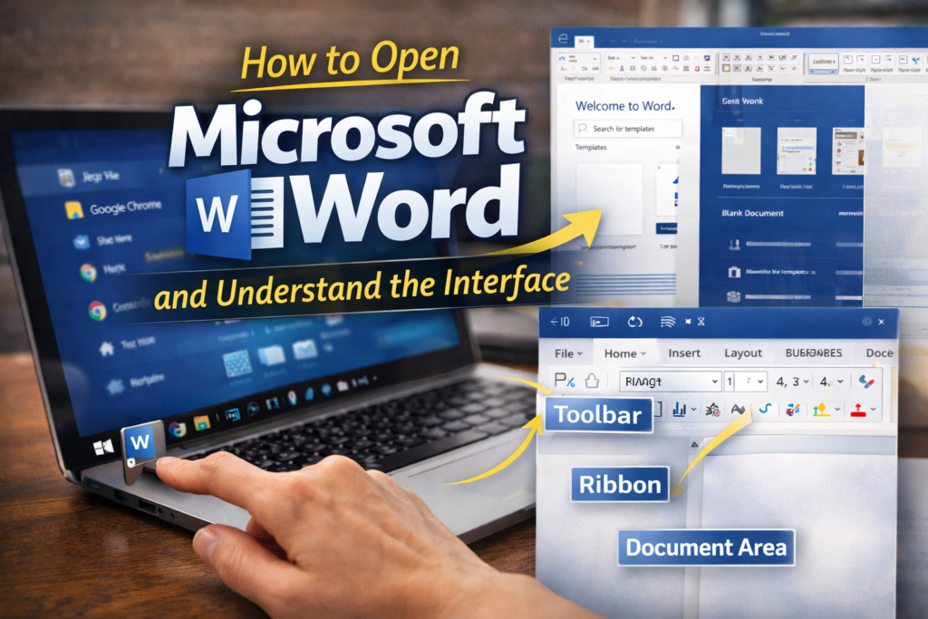 How to open Microsoft Word and understand the interface with toolbar ribbon and document area explained