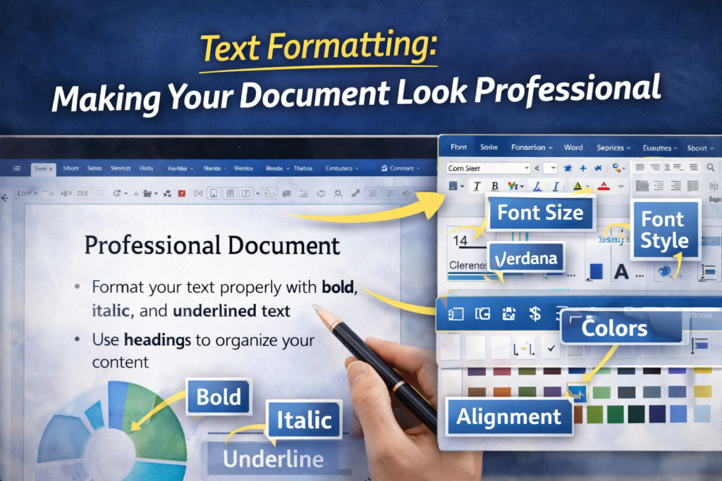 Text formatting in Microsoft Word showing bold, italic, underline, font size, colors, and alignment options