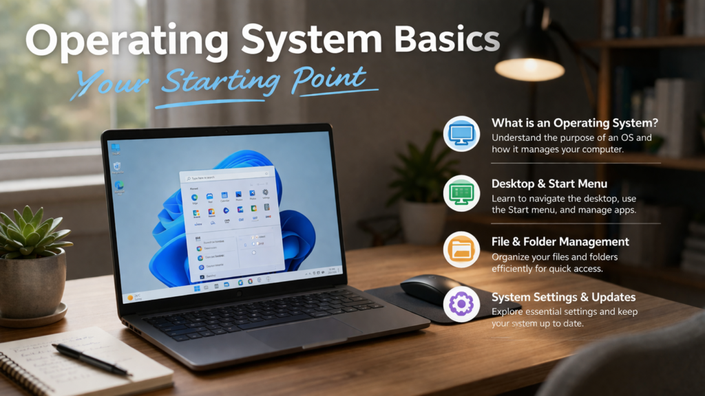 A modern workspace with a person using a laptop on a wooden desk, displaying an operating system interface, surrounded by infographic-style icons and text explaining desktop, files and folders, settings, and installing apps.