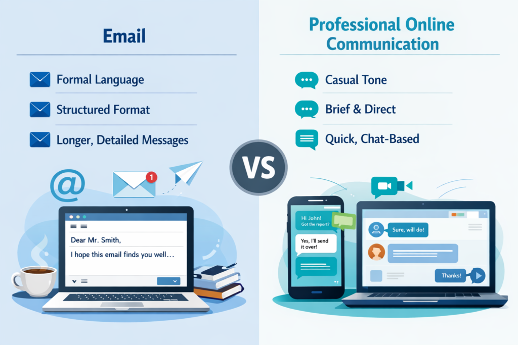 A split-screen illustration comparing email and professional online communication, showing a laptop with a formal email on one side and chat-based communication on a phone and laptop on the other.