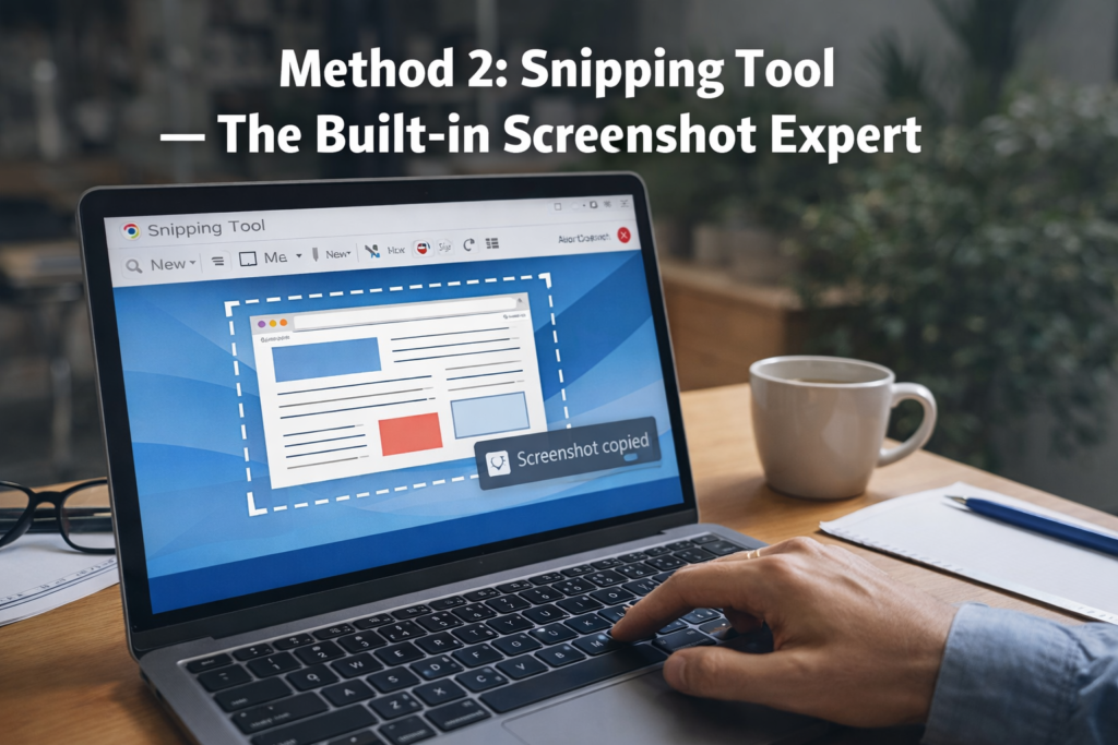 “Person using Snipping Tool on a Windows laptop to capture a screenshot, with a selected screen area and ‘screenshot copied’ notification visible.”