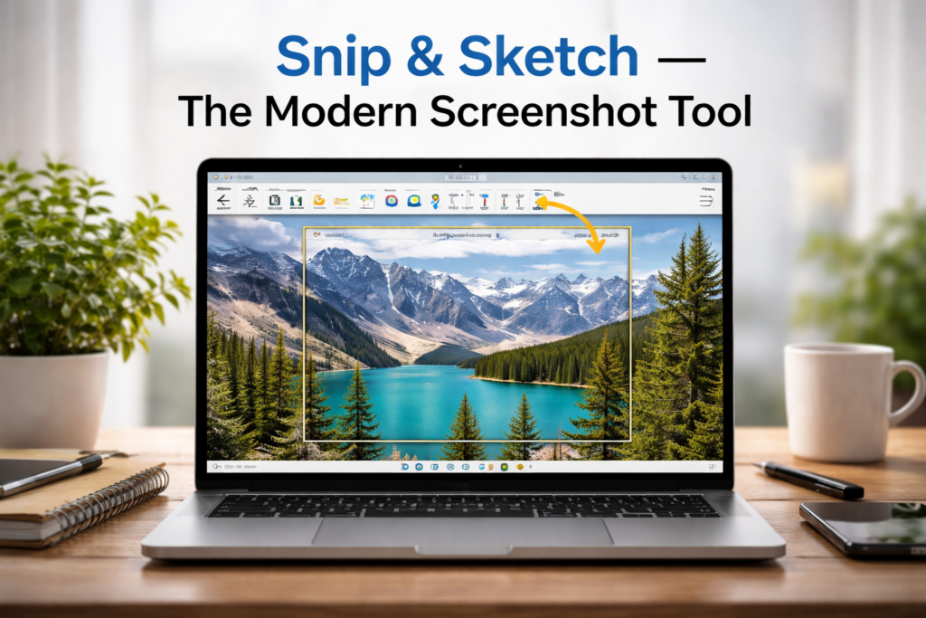 Laptop screen par Snip & Sketch open hai, jisme ek scenic mountain lake image ka screenshot select kiya gaya hai, upar editing toolbar dikh raha hai aur desk par coffee mug aur notebook rakhe hain.