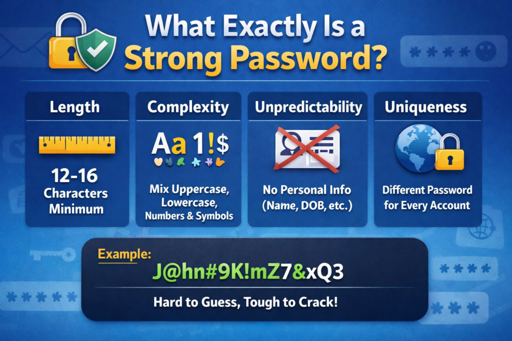 Strong password infographic showing length, complexity, unpredictability, and uniqueness with example secure password