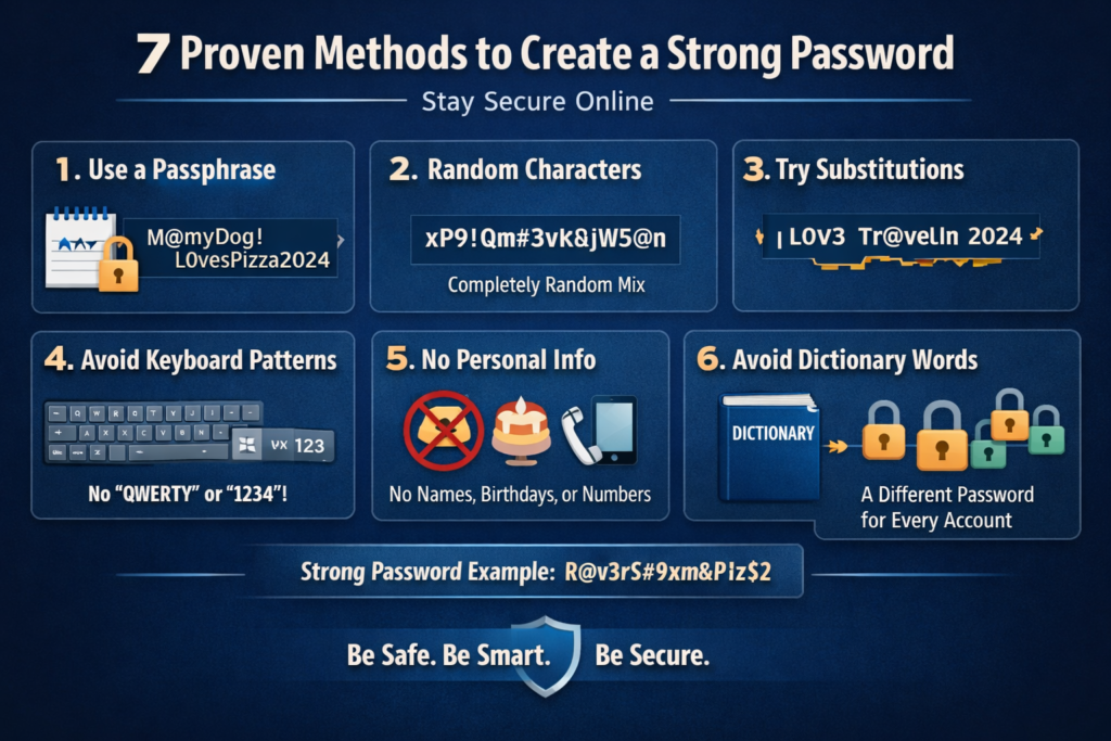 7 proven methods to create a strong password infographic with security tips and examples