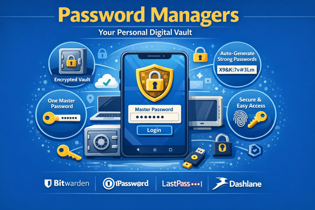 Password manager digital vault illustration showing secure storage of passwords