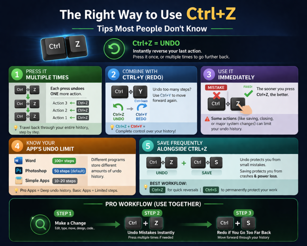 “Ctrl+Z tips infographic showing how to undo multiple actions, use redo Ctrl+Y, and improve workflow on computer.”