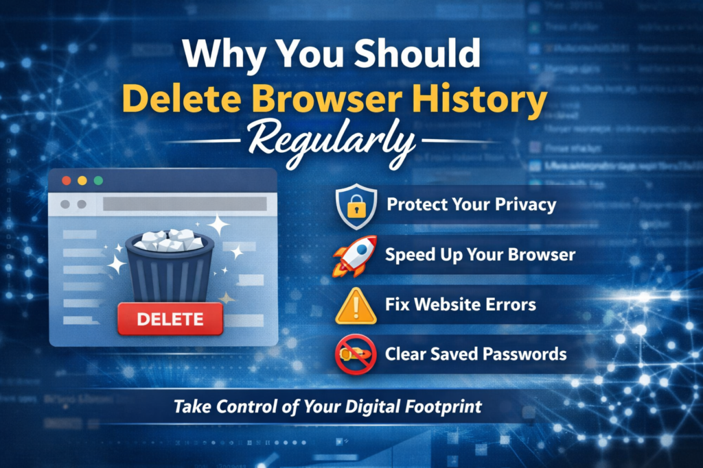 Illustration showing a browser window with a trash bin icon labeled "DELETE," highlighting the importance of deleting browser history to protect privacy, speed up browsing, fix website errors, and clear saved passwords.