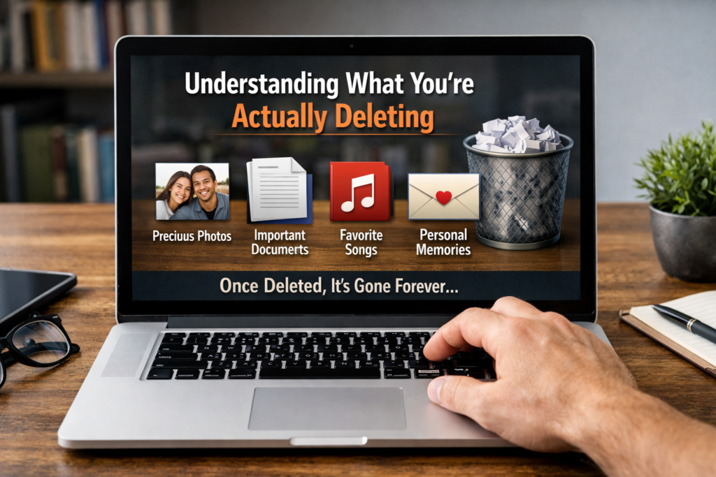 A person about to press the delete key on a laptop displaying “Understanding What You’re Actually Deleting,” with icons representing photos, documents, music, and personal memories, and a trash bin on screen.