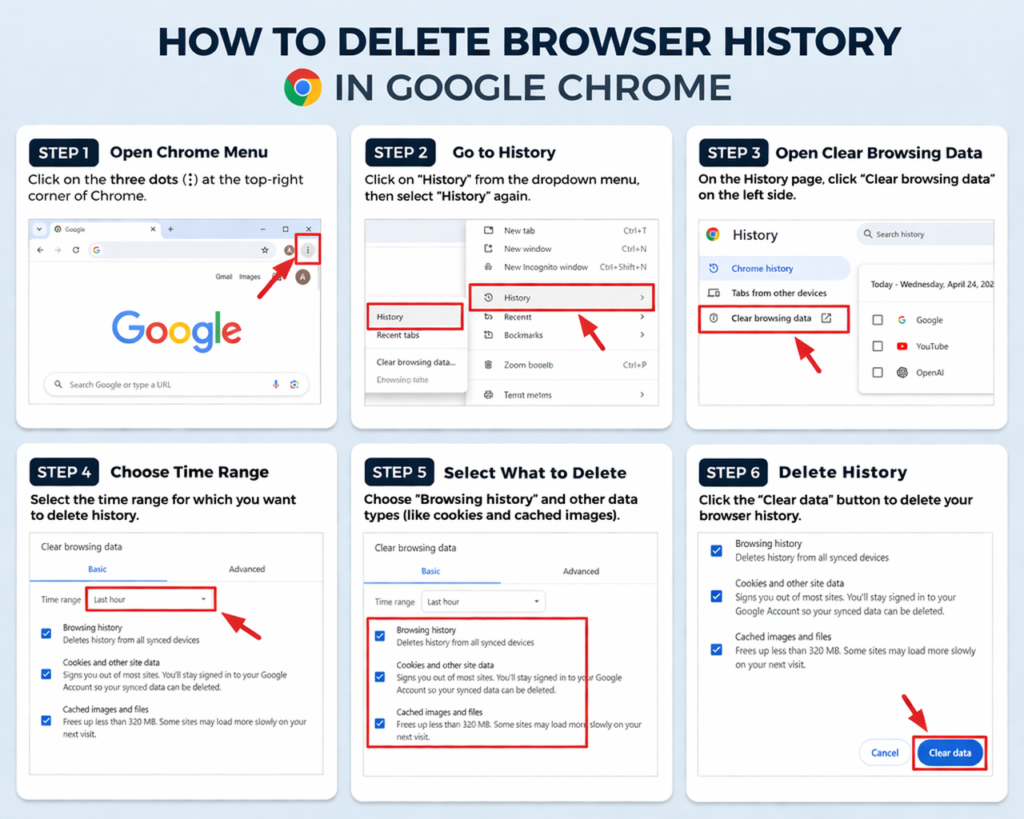 "Step-by-step infographic showing how to delete browser history in Google Chrome, including opening the menu, accessing history, selecting time range, and clearing data."