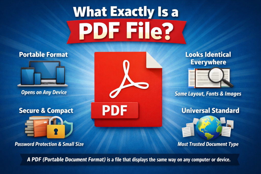 "Infographic showing what a PDF file is, featuring a central PDF icon, with key points: portable format, opens on any device, secure and compact, looks identical everywhere, and universal standard."