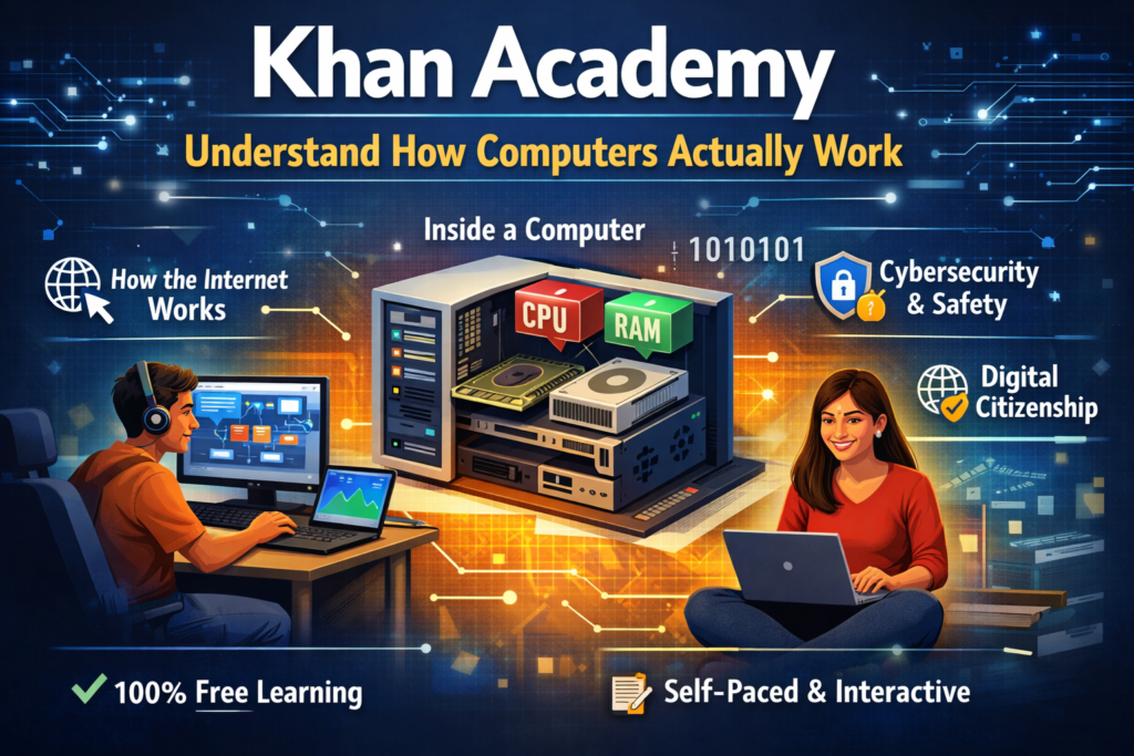 Khan Academy computer learning illustration showing internet, programming, and cybersecurity concepts to understand how computers work