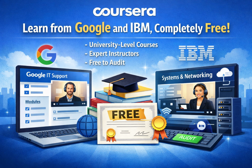 Coursera free online courses illustration showing Google and IBM learning programs with certificate and audit option for computer skills