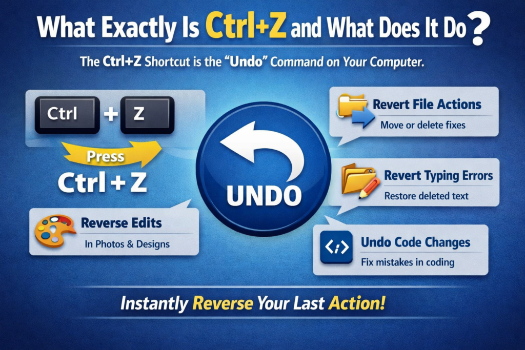 “Ctrl+Z shortcut infographic showing how to undo mistakes on a computer, including reversing edits, restoring deleted text, and fixing file or coding errors.”