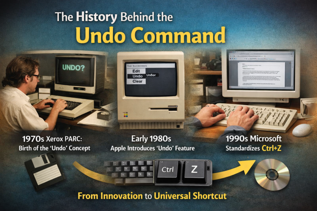 “History of the Undo command showing Xerox PARC, Apple, and Microsoft evolution of Ctrl+Z shortcut on computers.”