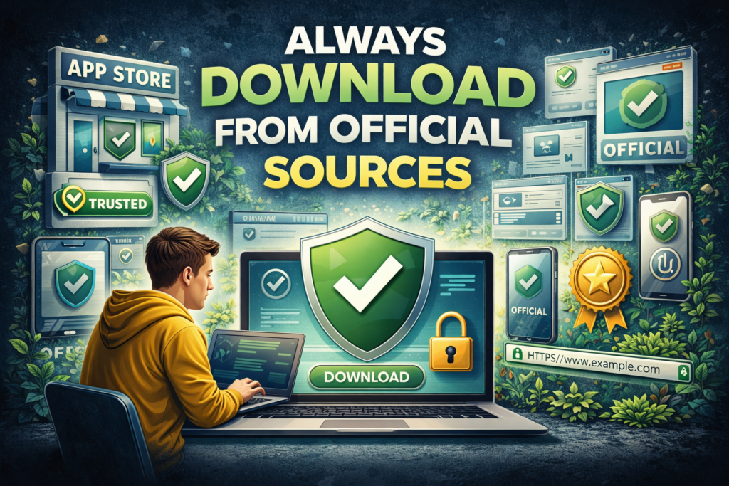 Always download from official sources showing secure website, verified app store, and protected laptop with shield icon