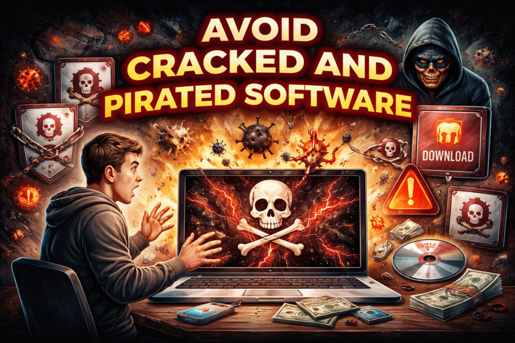 Avoid cracked and pirated software showing laptop with virus warning skull and hacker threats