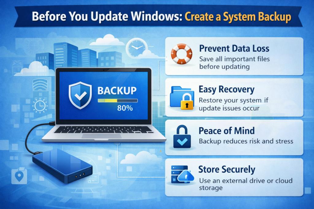 Illustration showing a laptop performing a system backup before a Windows update, with icons representing data protection, recovery options, and secure storage.