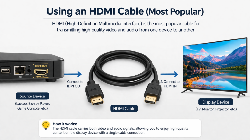 “Laptop connected to external monitor using HDMI cable showing screen mirroring setup step-by-step”