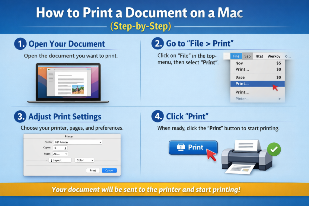 How to Print a Document on a Mac (Step-by-Step) infographic showing four steps: open the document, go to File > Print, adjust print settings, and click the Print button, with simple visuals of a Mac screen and printer.