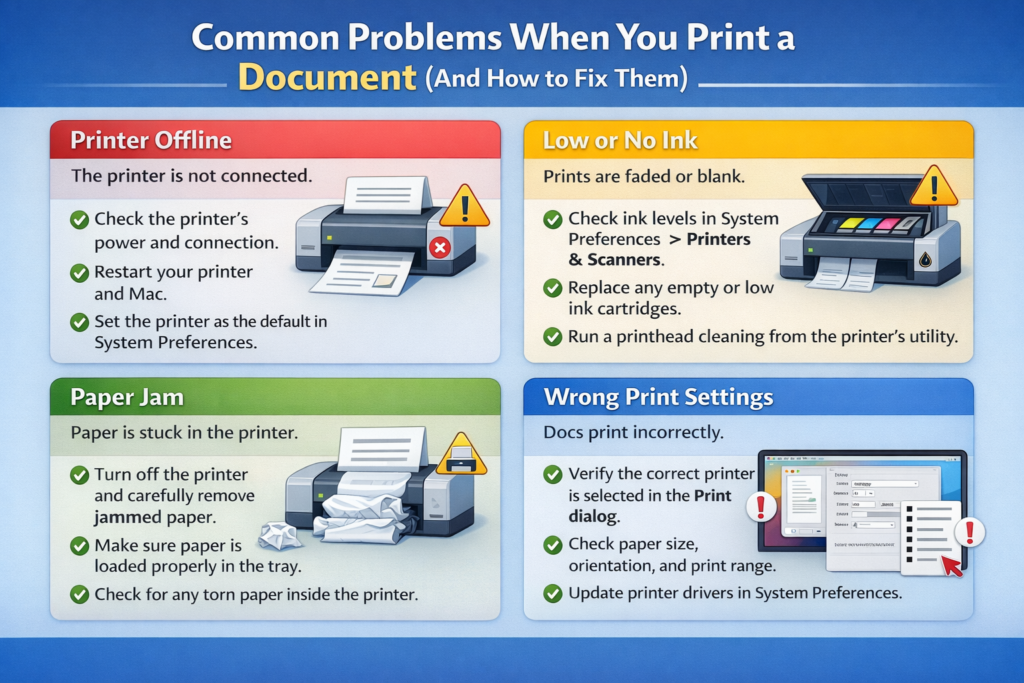 Infographic titled “Common Problems When You Print a Document (And How to Fix Them)” showing common printing issues like printer not responding, paper jam, low ink, and connectivity problems, along with simple visual fixes.
