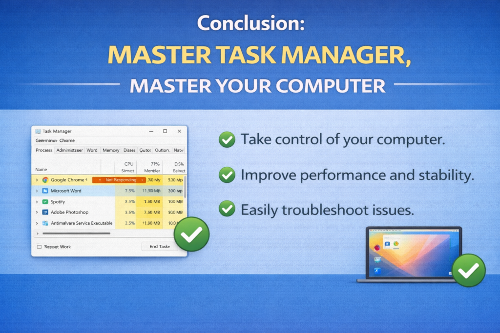 Conclusion infographic showing the message “Master Task Manager, Master Your Computer” with visuals of Task Manager and a laptop, highlighting control, performance, and troubleshooting benefits.