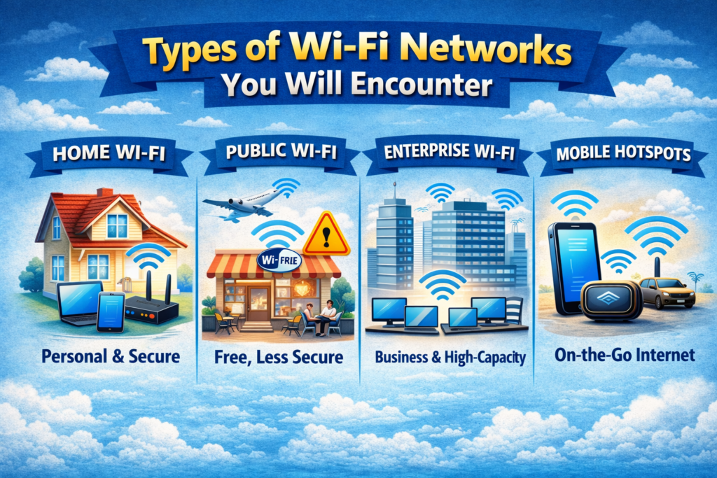 Types of Wi-Fi Networks You Will Encounter infographic showing four main Wi-Fi types: Home Wi-Fi, Public Wi-Fi, Enterprise Wi-Fi, and Mobile Hotspots, each with icons of routers, buildings, cafes, and mobile devices.