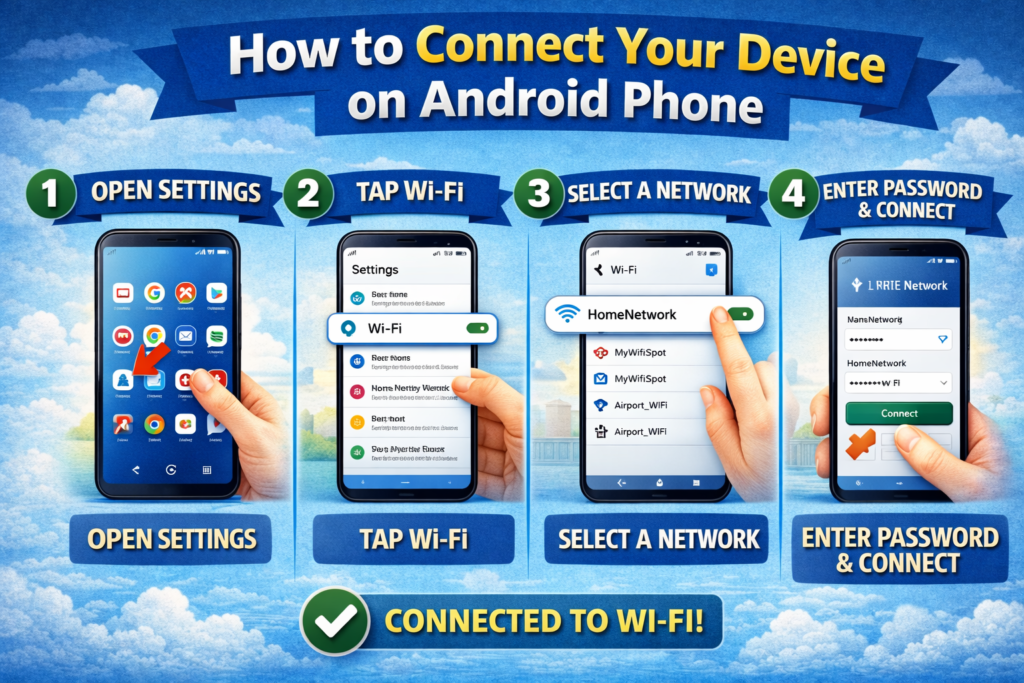 How to Connect Your Device on Android Phone infographic showing a 4-step process: Open Settings, Tap Wi-Fi, Select a Network, and Enter Password & Connect, illustrated with smartphone screens and hand interactions.
