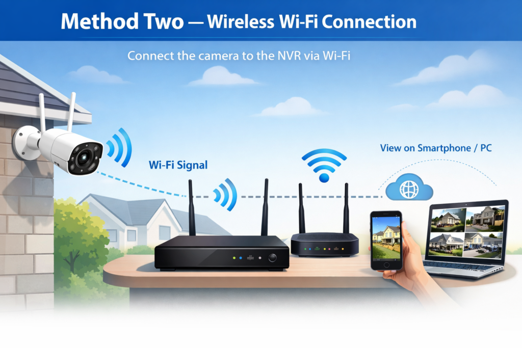Method Two – Wireless Wi-Fi Connection diagram showing a security camera connecting wirelessly to a router/NVR system, with Wi-Fi signals transmitting to smartphone and laptop for remote viewing.