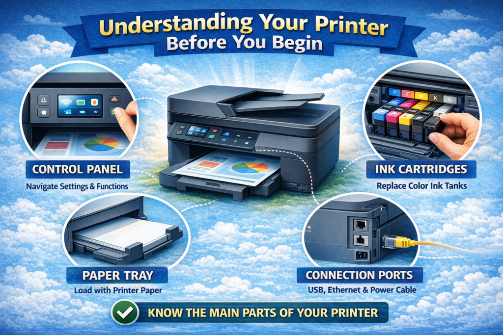 Understanding Your Printer Before You Begin infographic showing a printer diagram with labeled parts including control panel, ink cartridges, paper tray, and connection ports with USB and power cables.