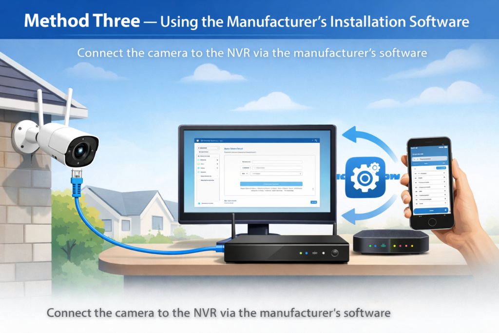 Method Three – Using Manufacturer’s Installation Software infographic showing a step-by-step setup process where a user installs software on a laptop to connect a security camera system.