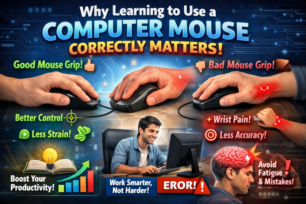 A digital educational poster showing correct and incorrect computer mouse usage, highlighting good and bad grip techniques, wrist strain, and productivity differences.