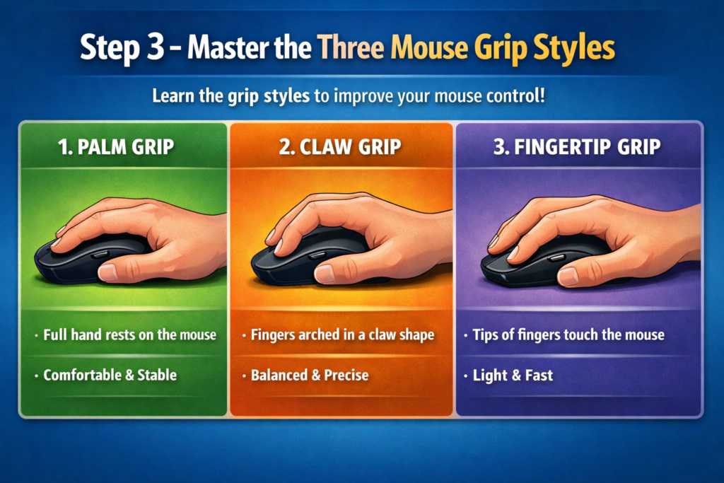 Step 3 instructional graphic showing three mouse grip styles—palm grip, claw grip, and fingertip grip—each illustrated with a hand holding a computer mouse.