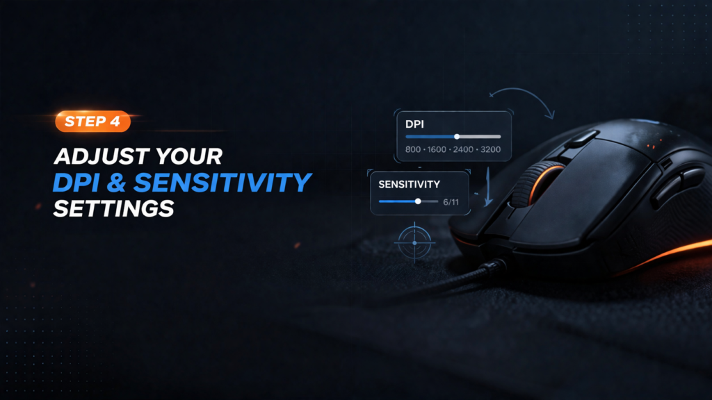 Computer screen showing mouse DPI and sensitivity settings being adjusted, with a hand using a gaming mouse and sliders visible for speed and precision.