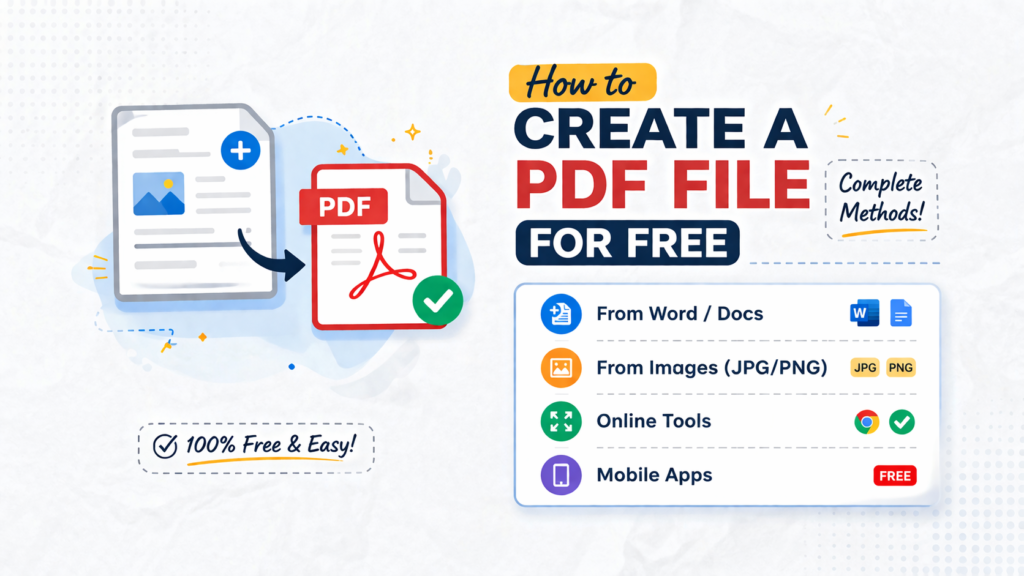A clean infographic-style image showing how to create a PDF file for free, with a document being converted into a PDF icon, alongside a checklist of methods like Word/Docs, images (JPG/PNG), online tools, and mobile apps.