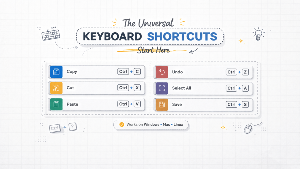 An infographic showing universal keyboard shortcuts with labeled keys for copy (Ctrl+C), cut (Ctrl+X), paste (Ctrl+V), undo (Ctrl+Z), select all (Ctrl+A), and save (Ctrl+S), presented in a clean and organized layout.